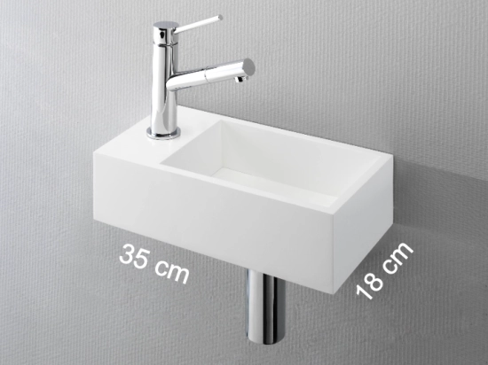 Lave-mains pour toilettes, évacuation dissimulée et de lignes épurées, résine Solid-Surface BENESTONE® blanc mat, Largeur 35 cm, P. 18 cm, H. 12 cm, Livraison 5-7 jours OFFERTE.